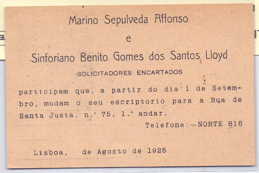 0231 v.jpg -     Lote:    231 (verso)            Portugal       Descrição:         1924/26 &mdash; Ceres. OM74a, 25c. Circulado de Lisboa (09.10.25) para a Covilhã. Repicado no verso por MARINO SEPULVEDA AFFONSO..        IC       Valor Base:     &euro; 15,00     Valor Venda:     &euro; 28,00     